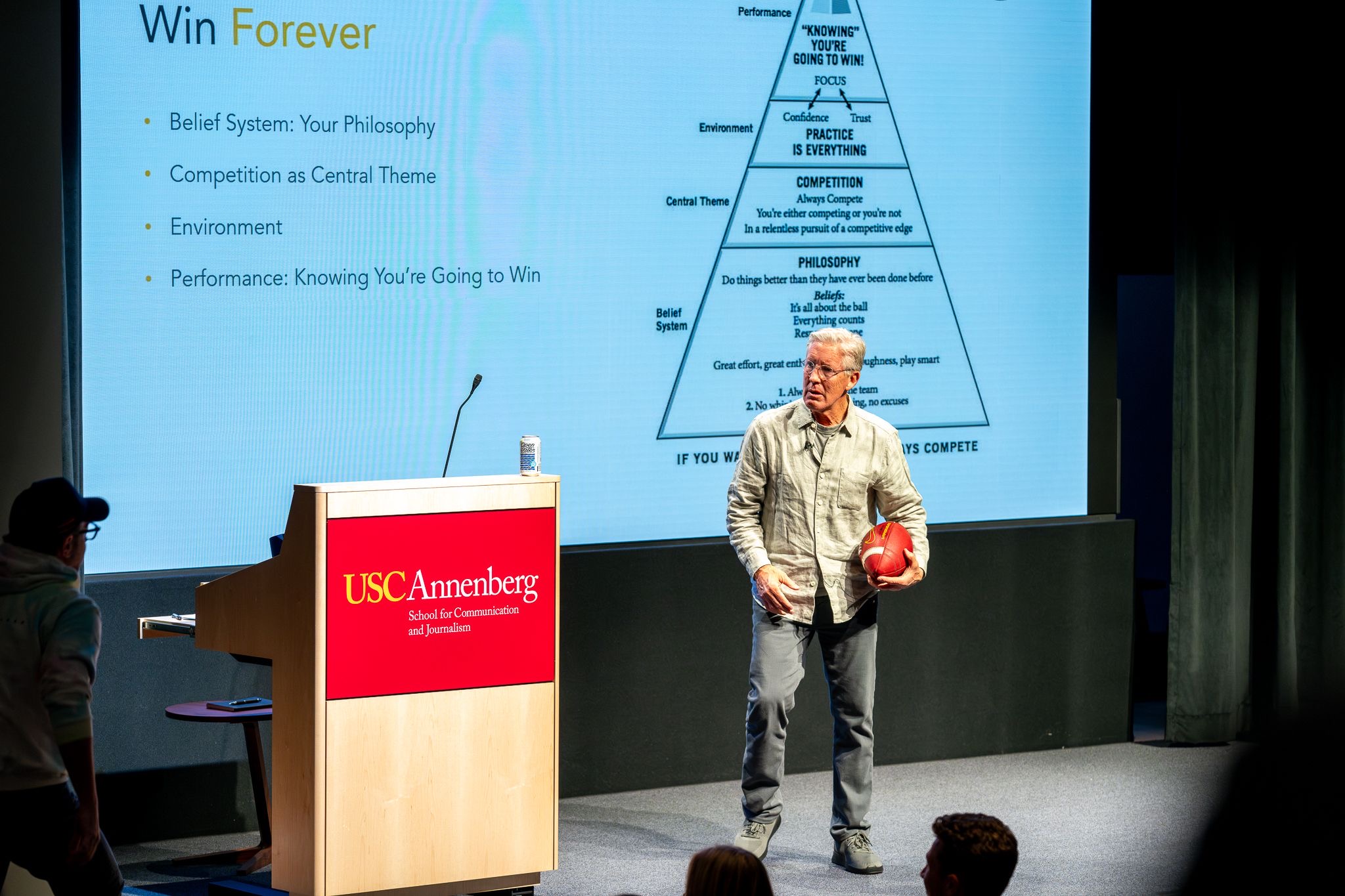 Varun Soni, Jason Sudeikis, and Pete Carroll seated in discussion on stage